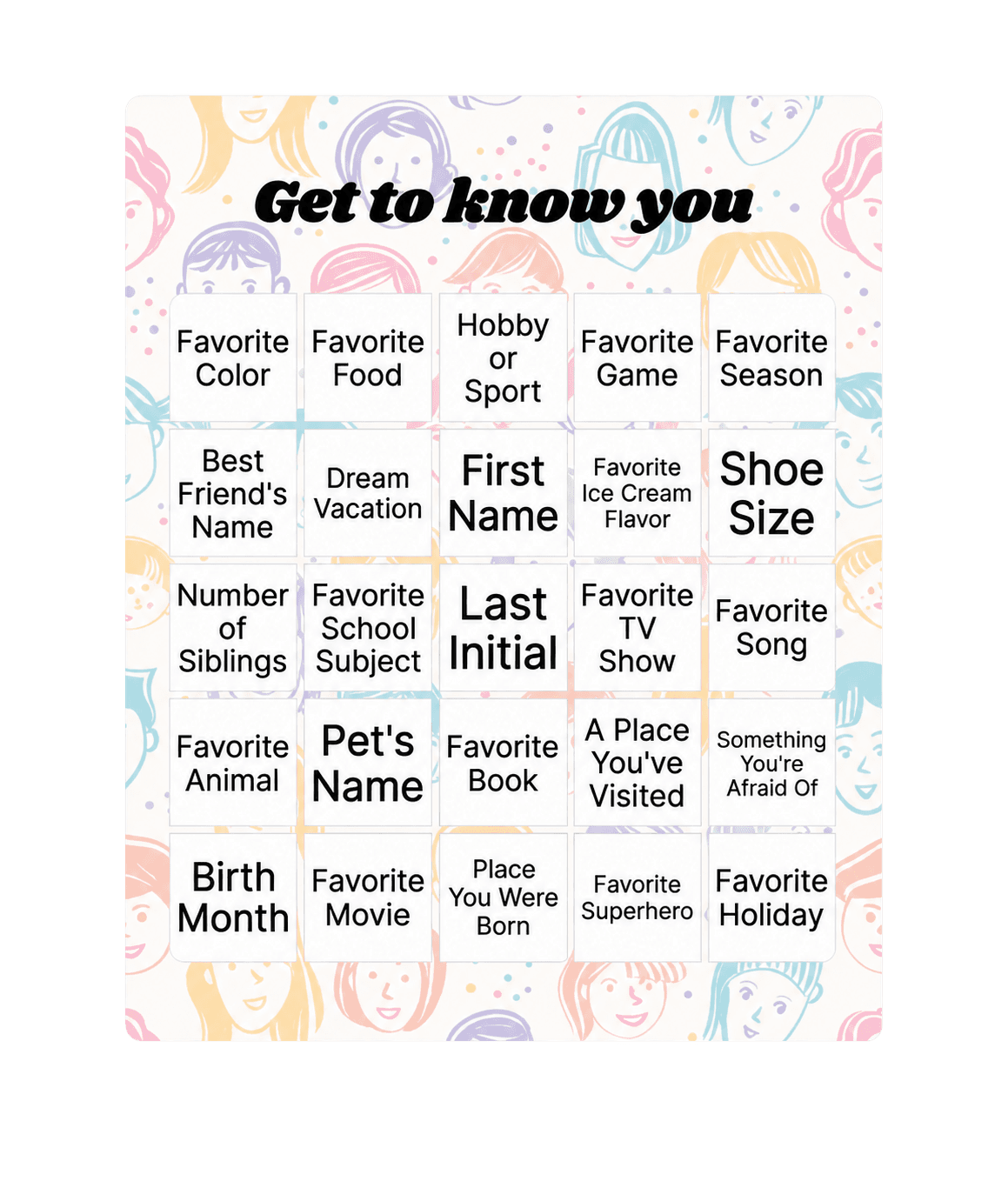 Get to know you bingo card